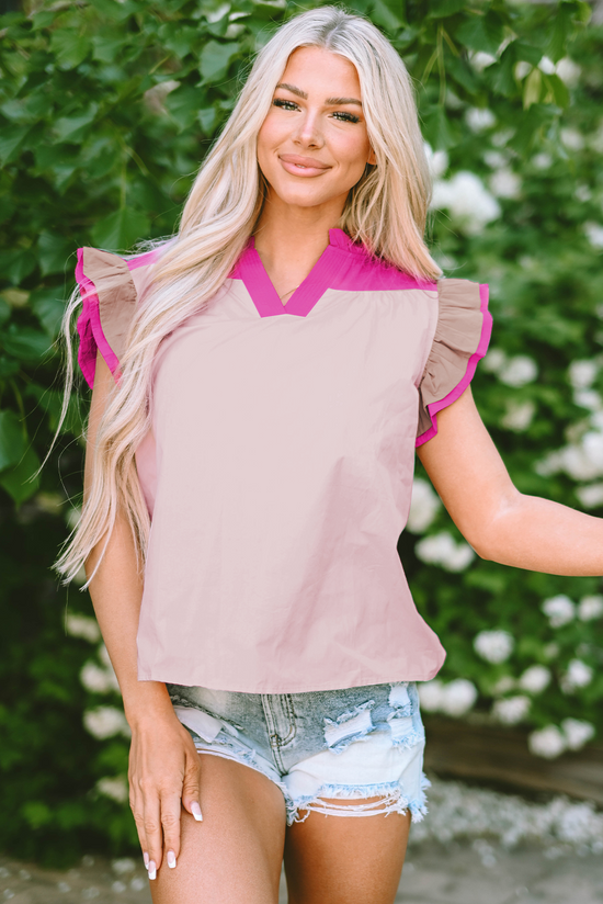 V -neck pink blouse and fluffed sleeves *