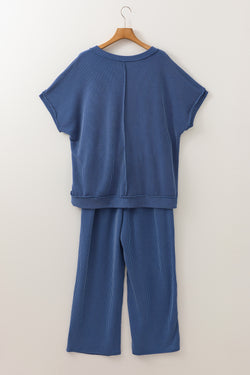 Ensemble t-shirt et pantalon côtelés bleu marine grande taille