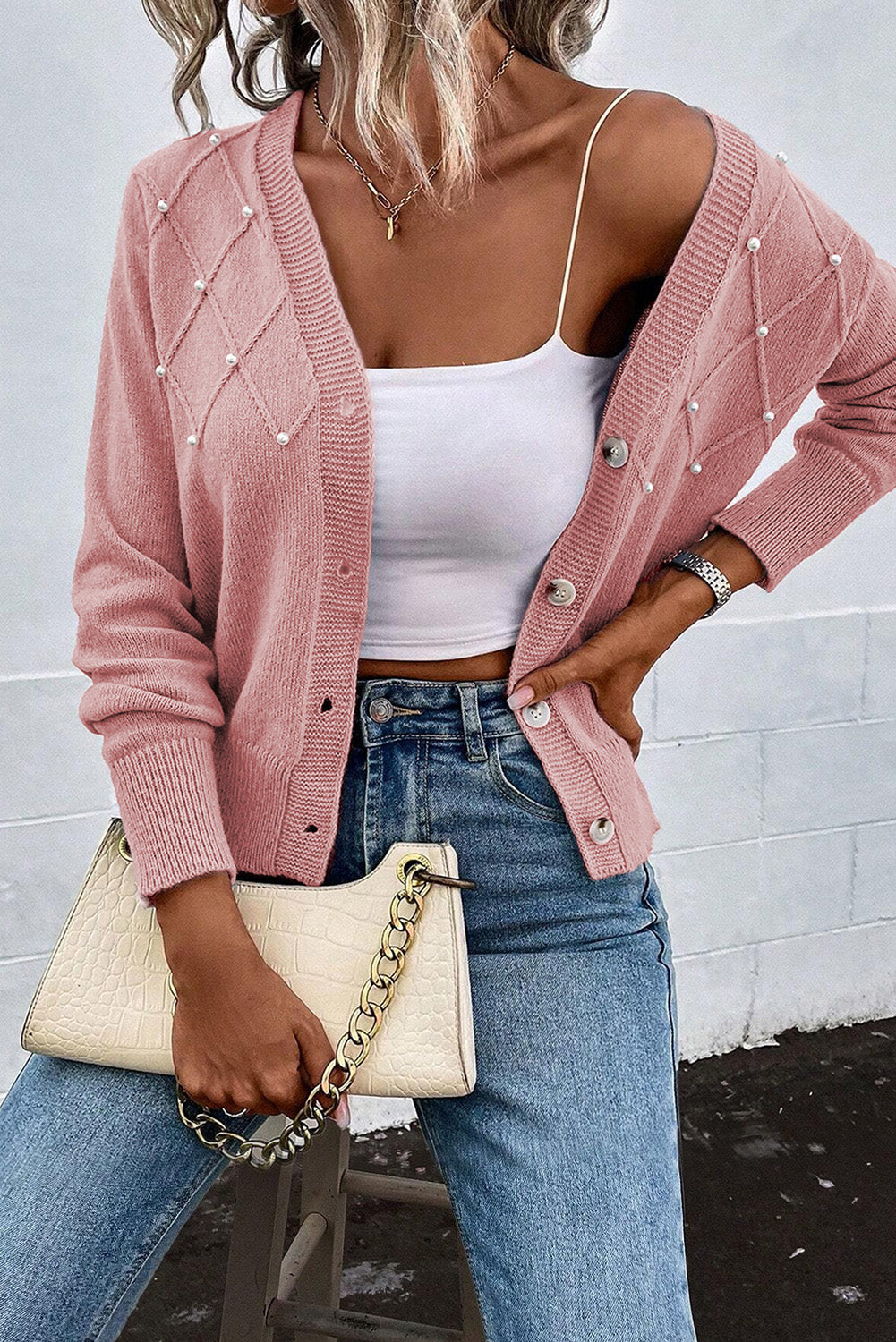 Cardigan boutonné en tricot texturé avec perles et perles sépia rose