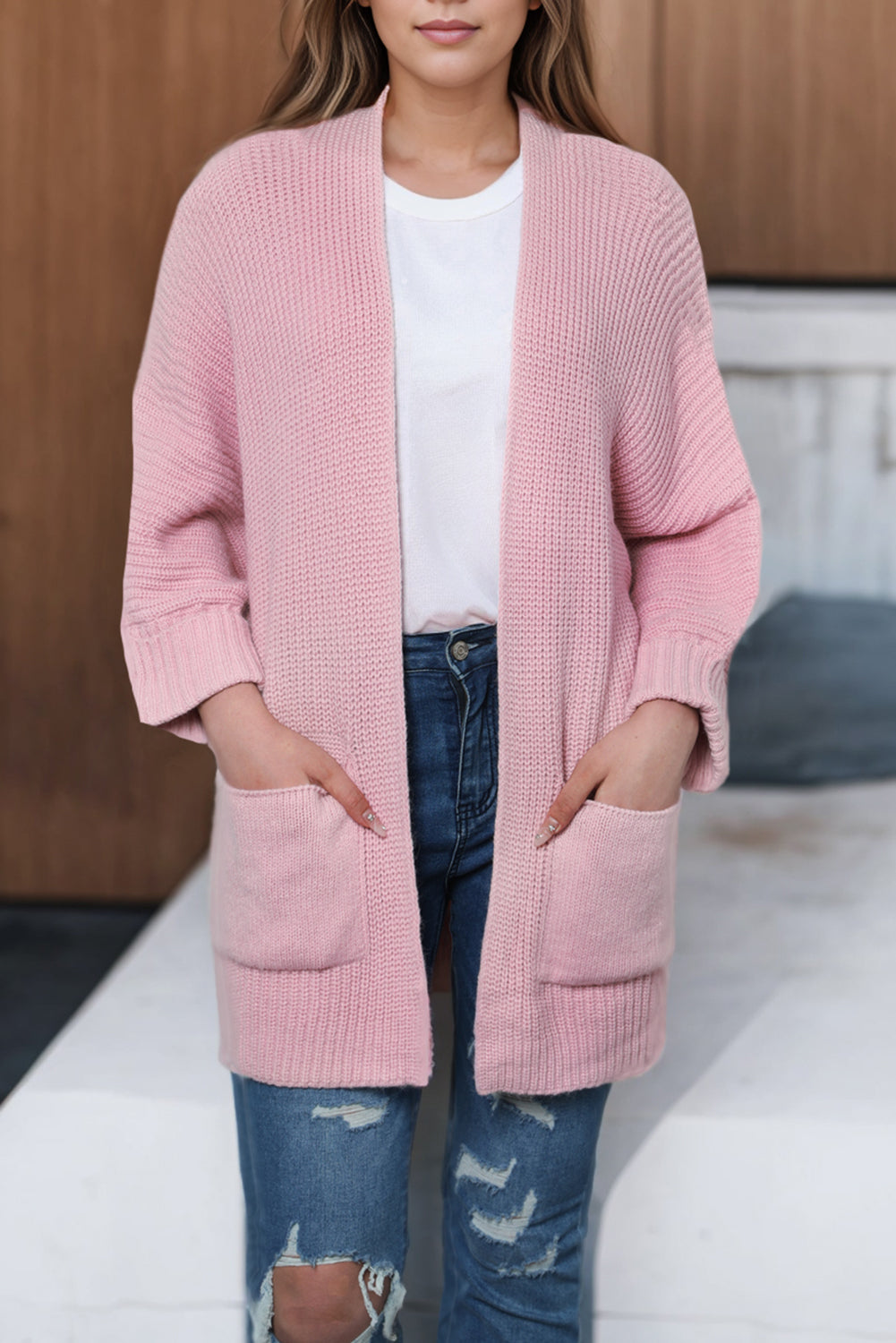 Pink Open Front Oversized Cardigan with Folded Sleeves