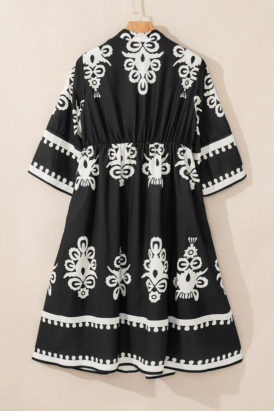 Robe midi ample noire à imprimé géométrique western à manches 3/4