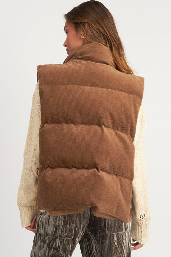 Coffee corduroy zipped stand-up collar down vest