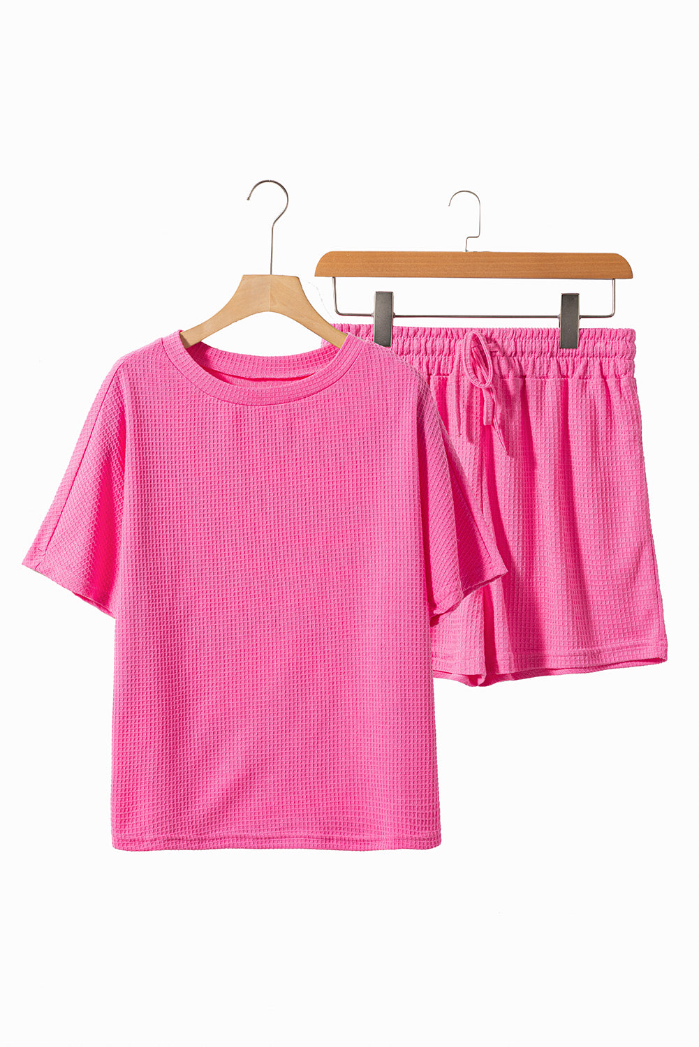 Casual Rose Red Textured T-Shirt and Drawstring Shorts Set