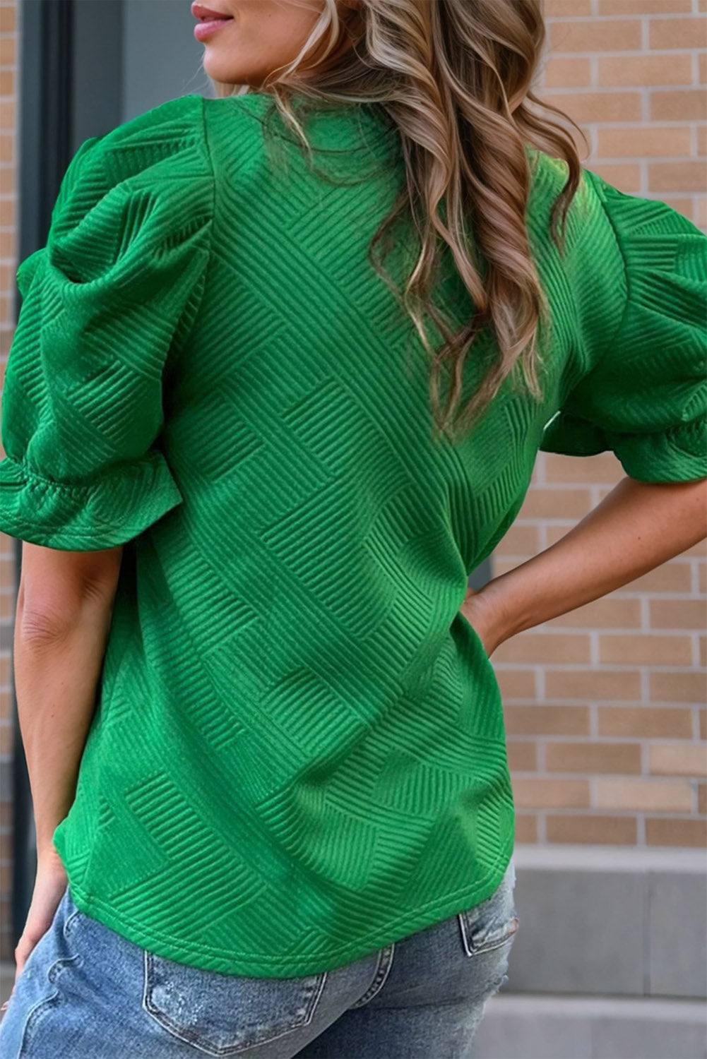 Dark Green Textured Ruffled Short Puff Sleeve Top