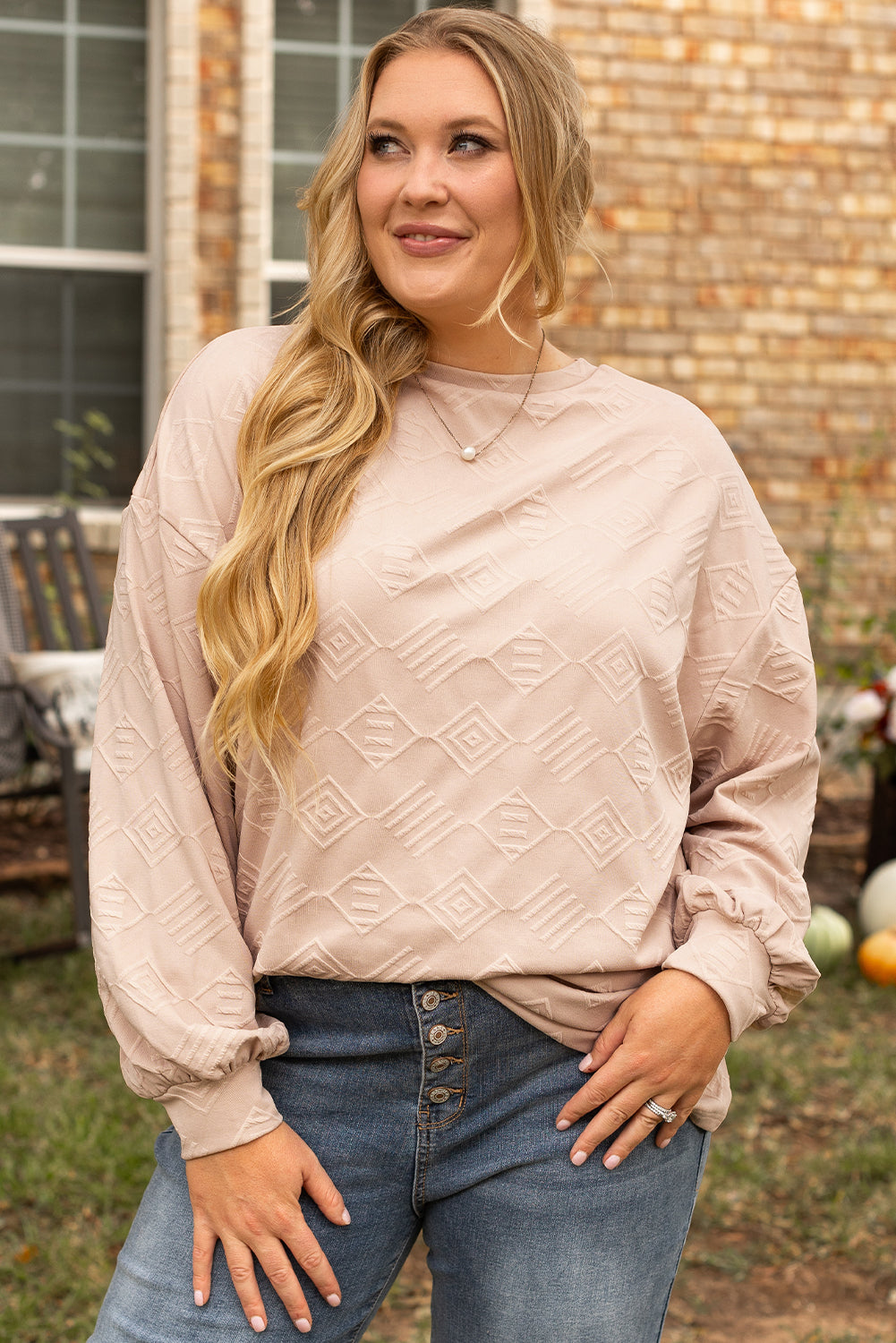 Parchment Plus Size Drop Shoulder Crew Neck Textured Sweatshirt