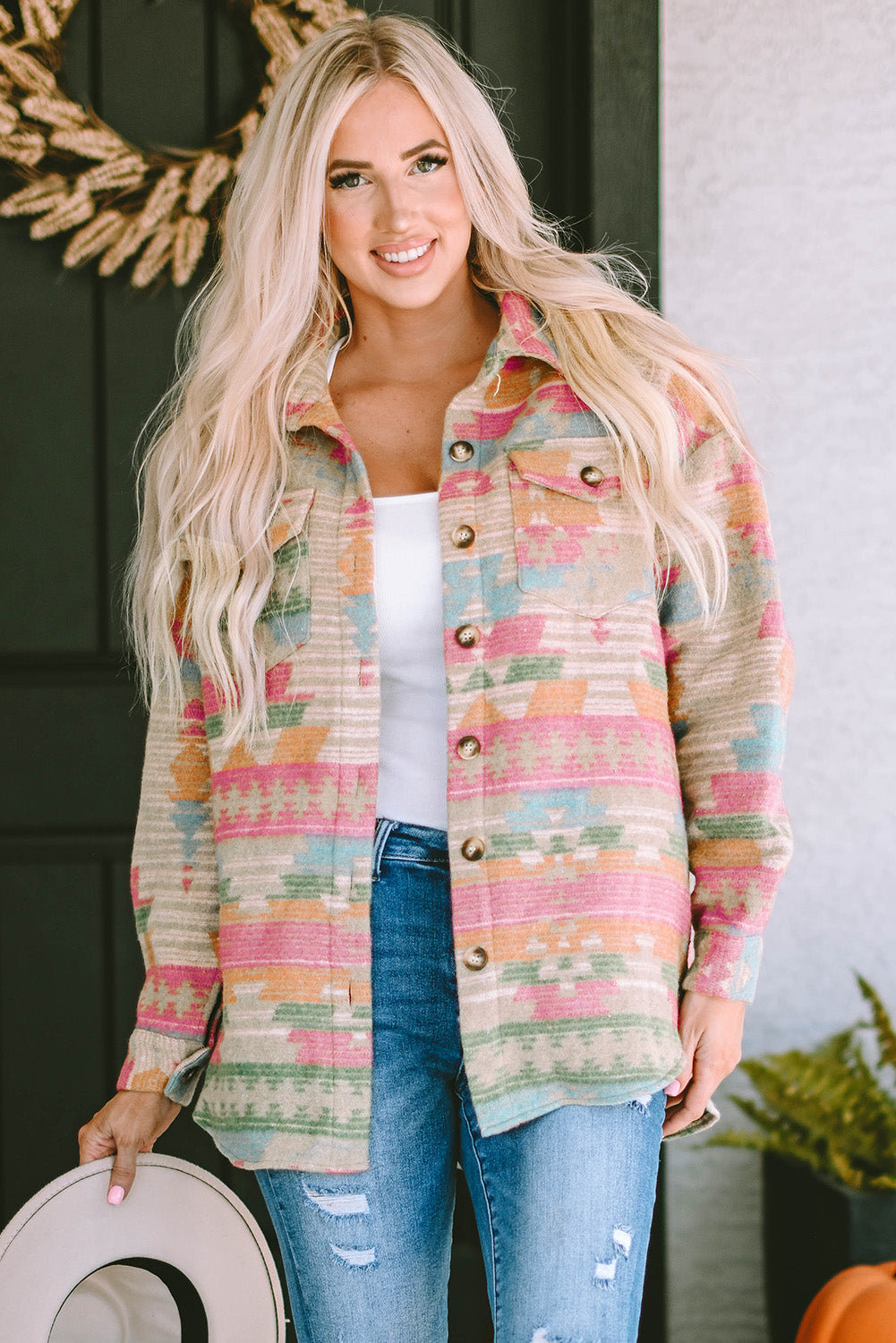 Multicolored jacket with flap pocket and western Aztec print