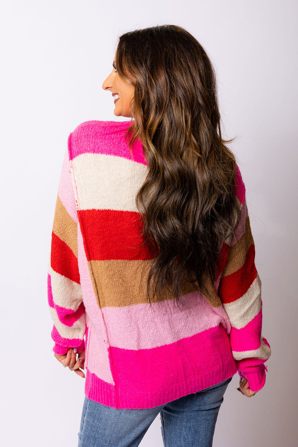 Fiery Red Mix Horizon Stripes Dolman Sleeve Sweater