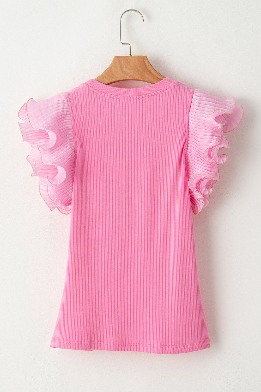 T-shirt coupe slim en tricot côtelé à manches en maille plissée à volants rose fraise