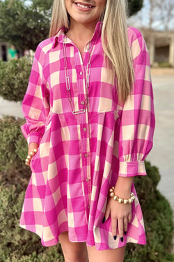 Flared mini shirt dress with bracelet sleeves and pink red plaid collar