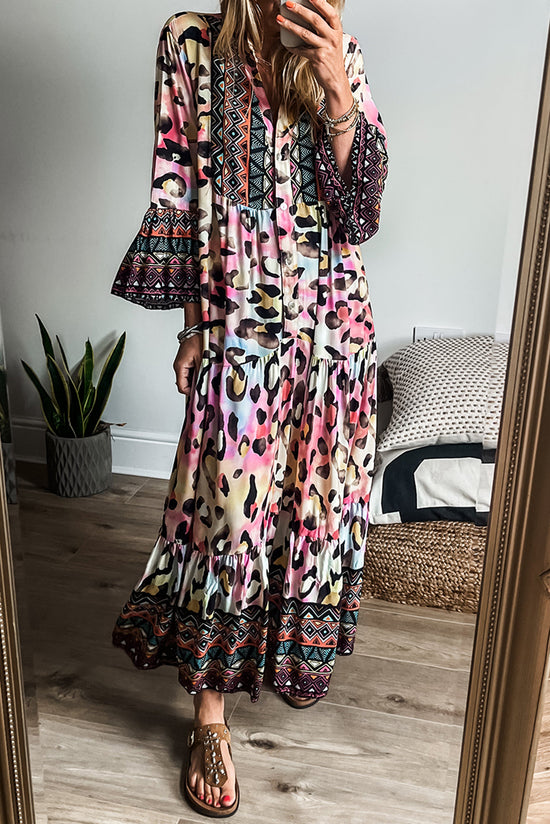 Western Leopard Print Maxi Dress with 3/4 Sleeves Button Front Tiered Pink