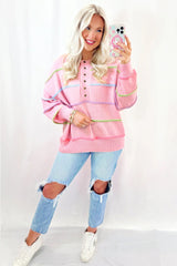Pink Rainbow Striped Drop Shoulder Baggy Henley Sweater