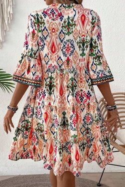 Multicolor bohemian print mini dress, V-neck, bracelet sleeves