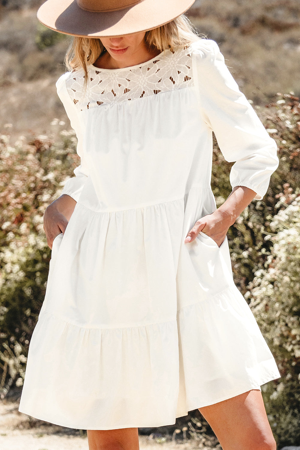 White floral lace ruffled bracelet sleeve mini dress