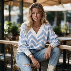 Sky blue oversized top with zigzag stripes and V-neck