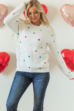 Beige Sequin Heart Waffle Knit Crew Neck Sweater