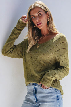 Sage Green V-Neck Drop Shoulder Sweater with Plain Eyelets