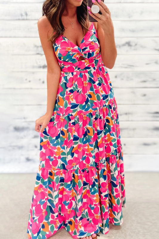 Vestido maxi de rayos de rosa con torcido floral