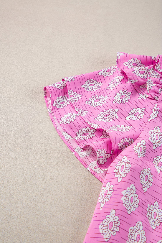 Short -sleeved blouse and split pink flowers and pink flowers