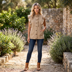 Veste sans manches en jean beige à volants et patchwork