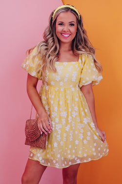 Yellow bohemian floral jacquard square neck puff sleeve mini dress