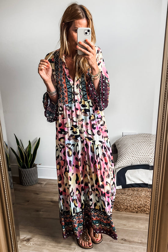 Western Leopard Print Maxi Dress with 3/4 Sleeves Button Front Tiered Pink