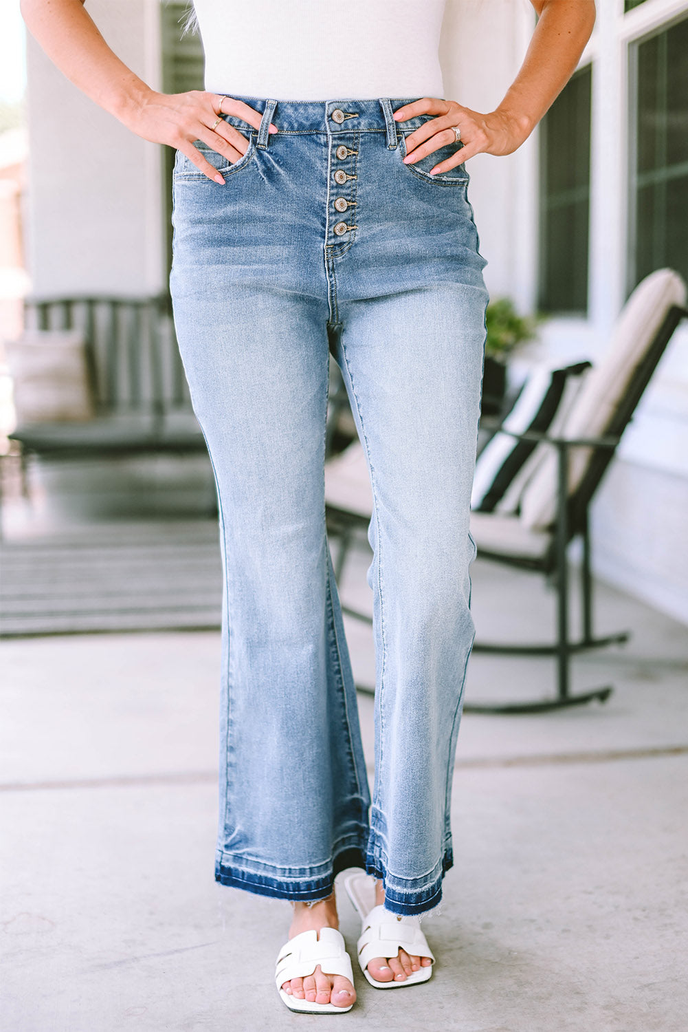 Jeans svasato in difficoltà a vita alta blu cielo