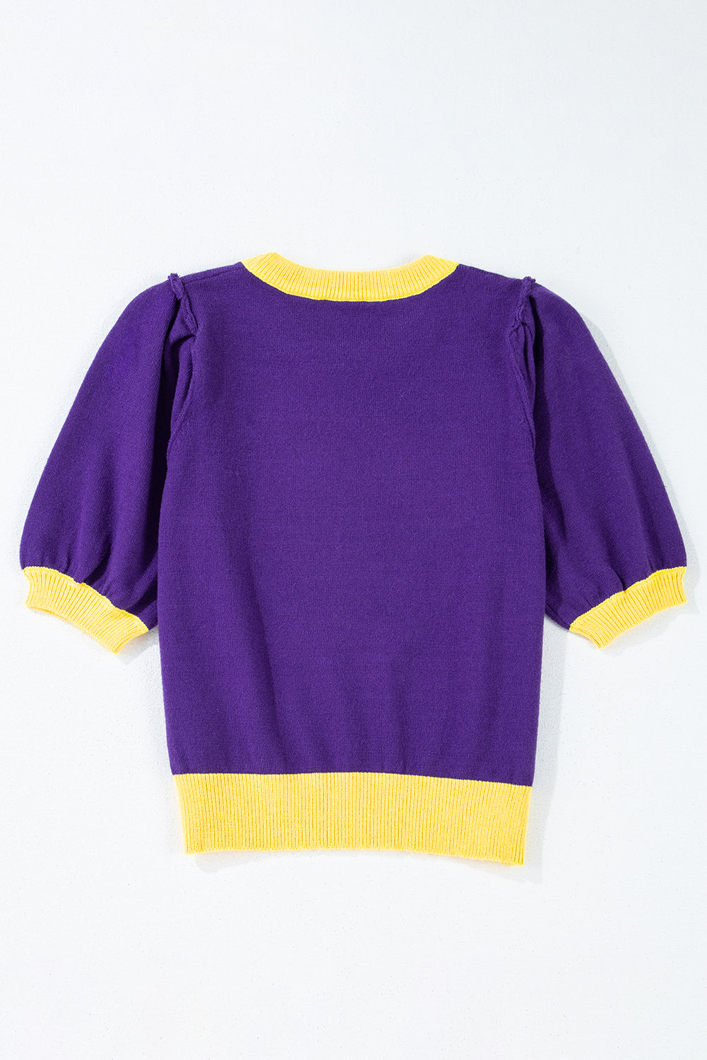 Pull à manches courtes bouffantes à blocs de couleurs Rugby à sequins violet