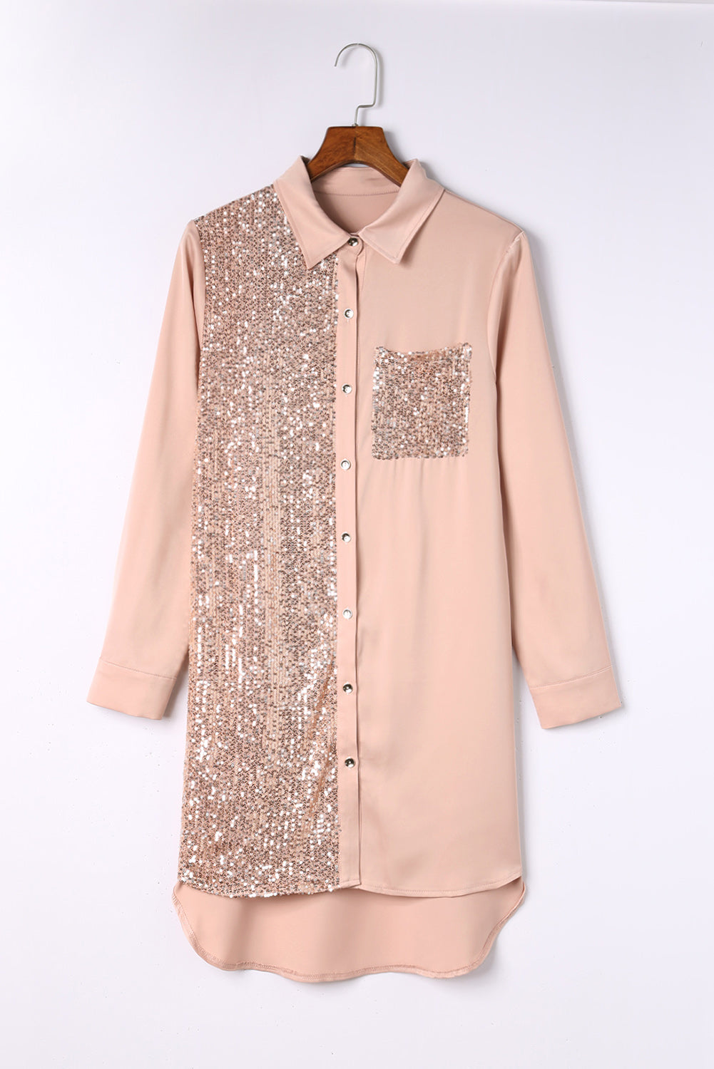 Robe chemise boutonnée kaki à paillettes avec poche et épissure