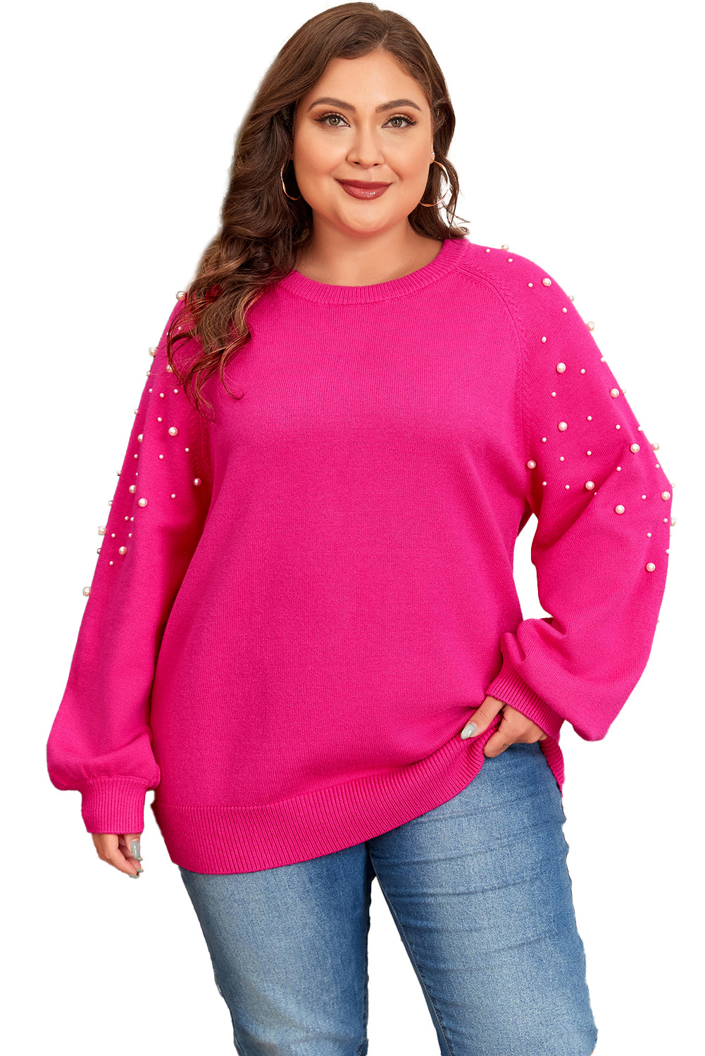 Pull grande taille à manches raglan et décor perlé rose fraise