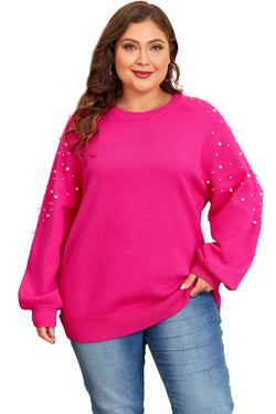 Pull grande taille à manches raglan et décor perlé rose fraise