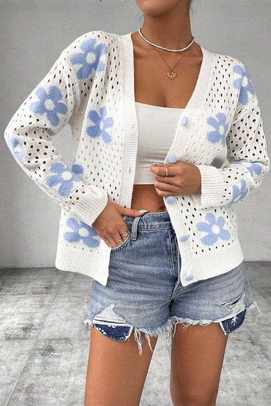 Cardigan court ouvert ajouré en tricot à fleurs blanches