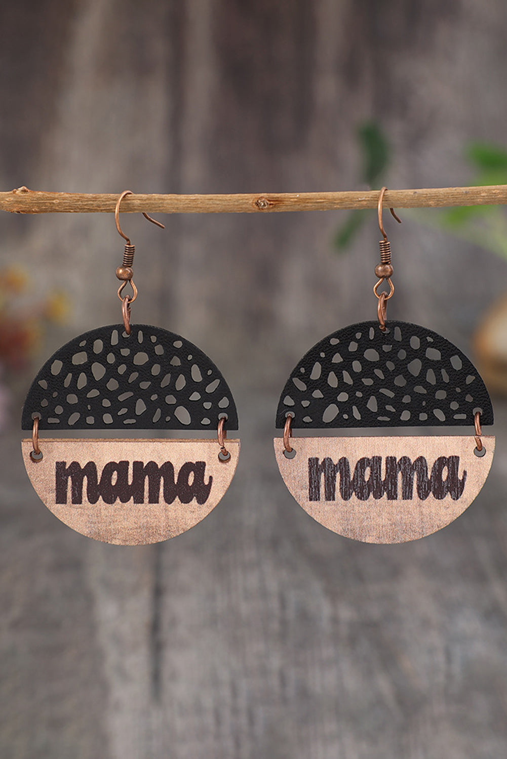 Boucles d'oreilles en bois et cuir avec pendentif maman Vintage noir