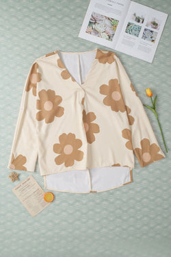 Oversize khaki blouse with floral print, up and down, V -collar, ribbed