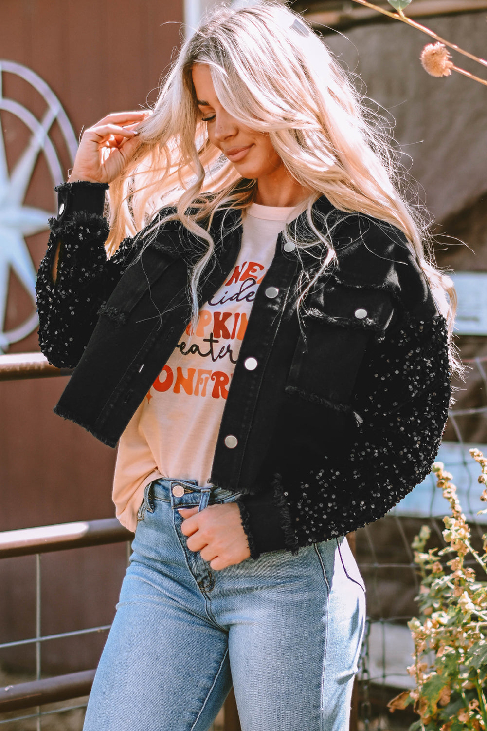 Black Sequin Sleeve Pocketed Raw Hem Denim Jacket