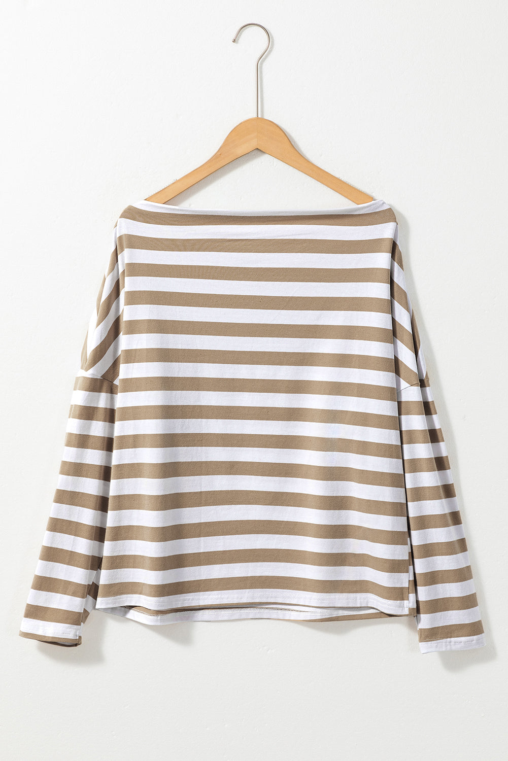 Khaki striped long sleeve boat neck top