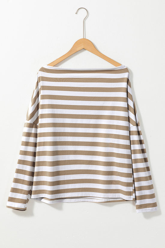 Khaki striped long sleeve boat neck top