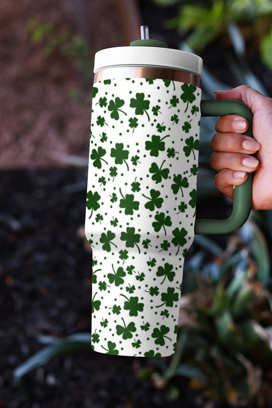 Tasse Thermos à Imprimé Trèfle Vert Foncé avec Poignée 40oz