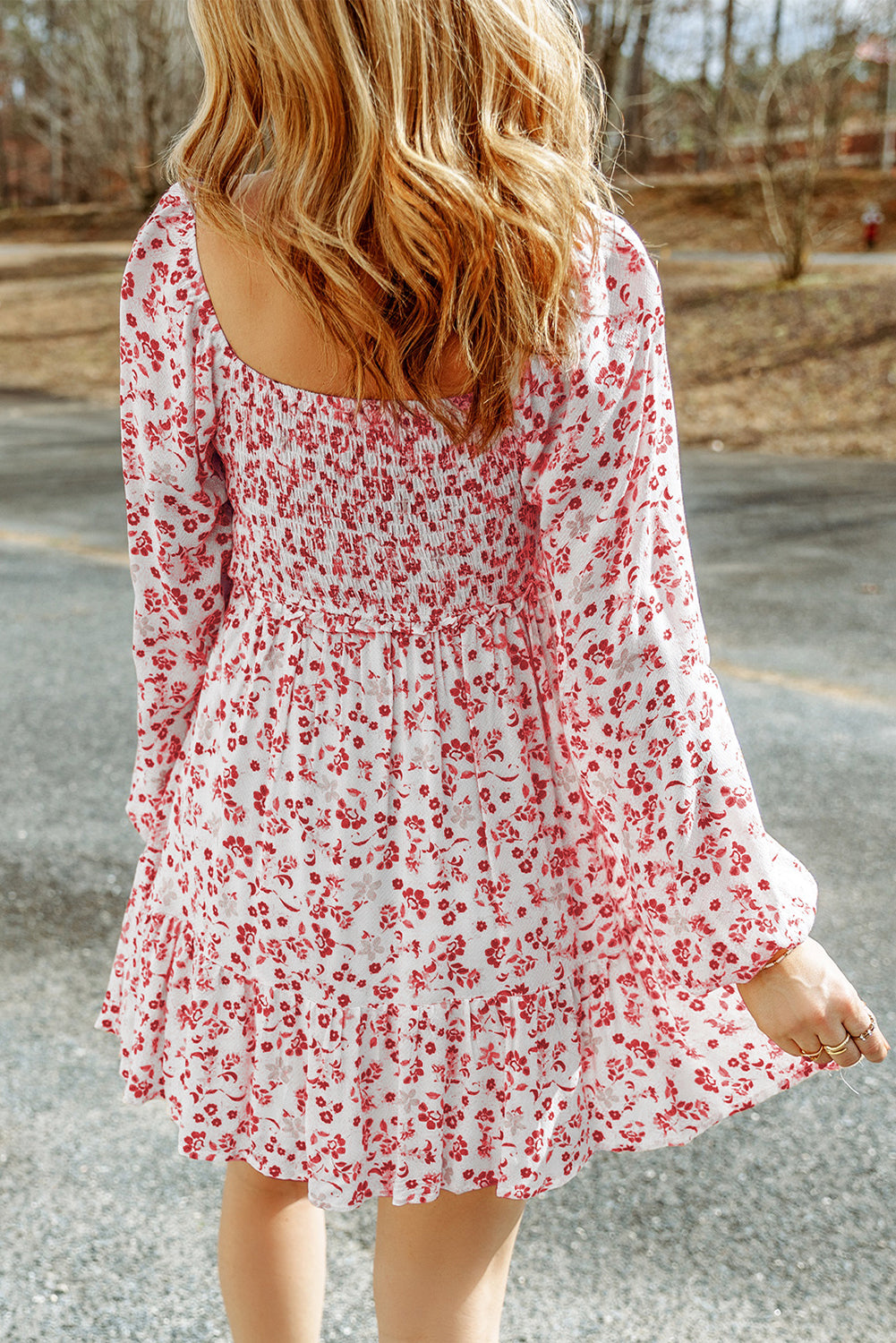 Mineral Red Floral Smocked Puff Sleeve Boho Mini Dress