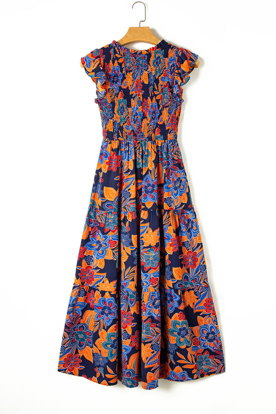 Robe longue bohème florale à col en V et volants à plusieurs niveaux bleu foncé