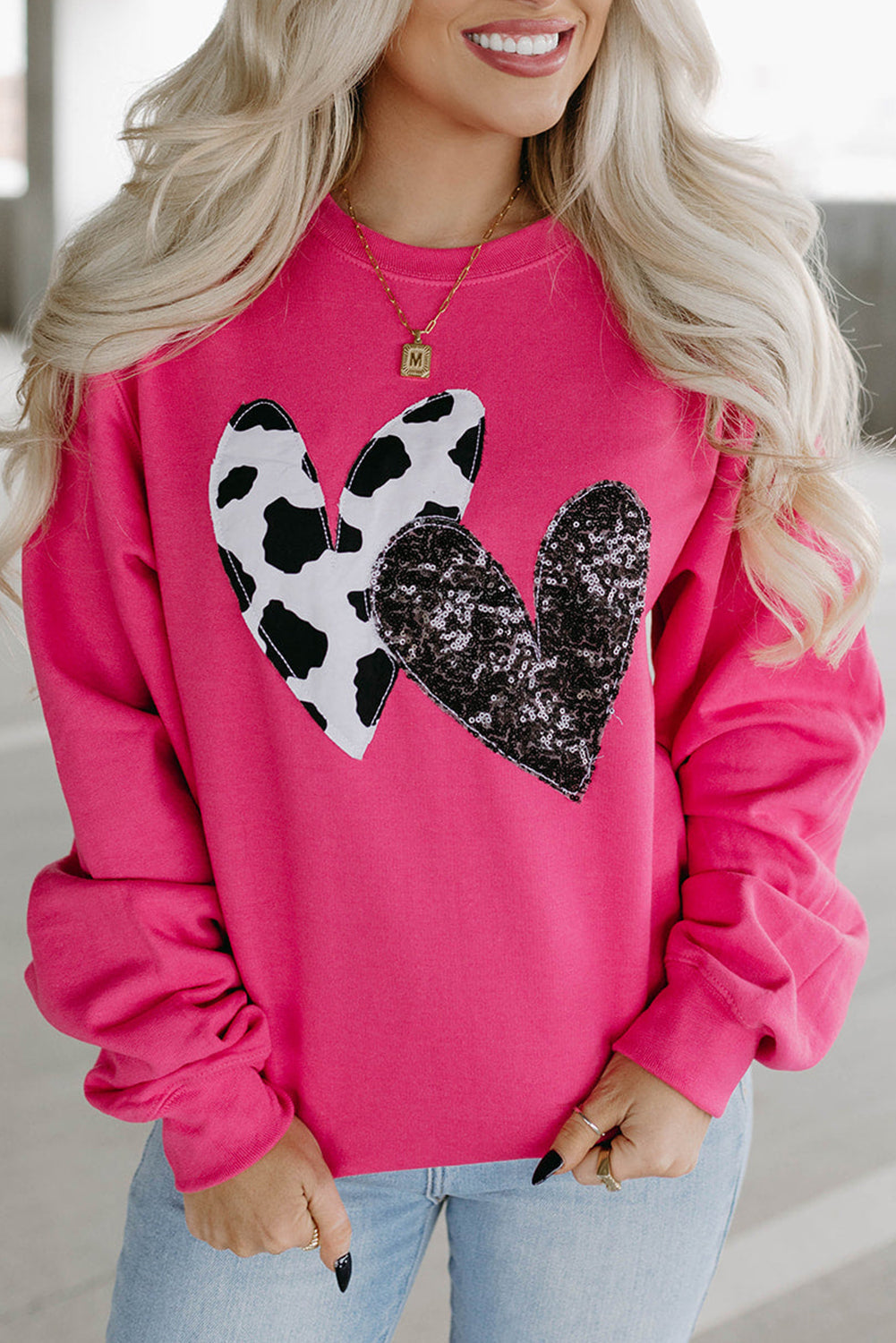 Sweat-shirt graphique à double cœur et paillettes rose fraise
