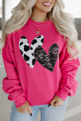 Sweat-shirt graphique à double cœur et paillettes rose fraise