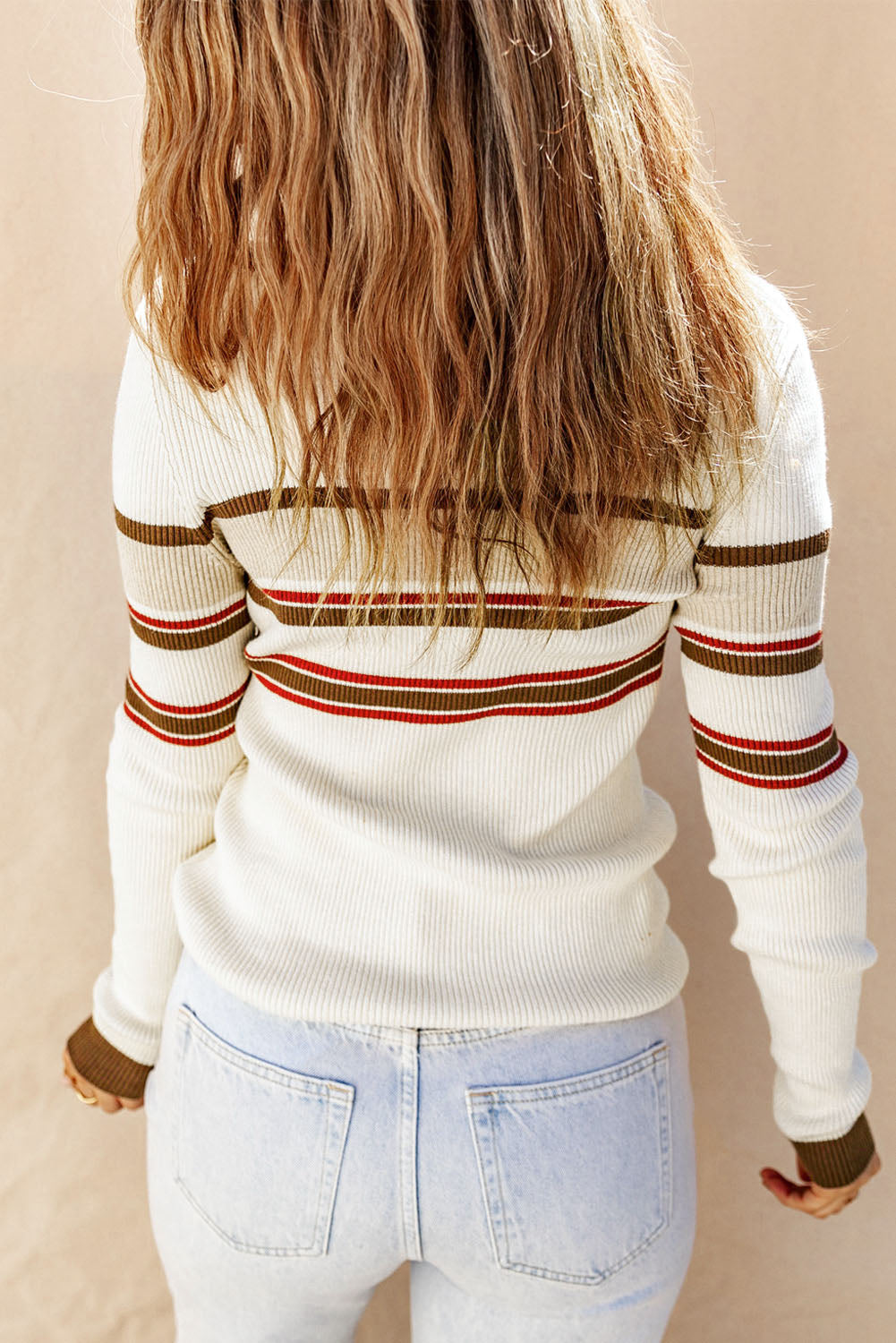 Stripe a costola bianca a costine Henley Sweater