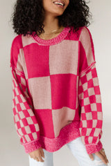 Pull ample à motif à carreaux mélangés Rose rouge, épaules tombantes