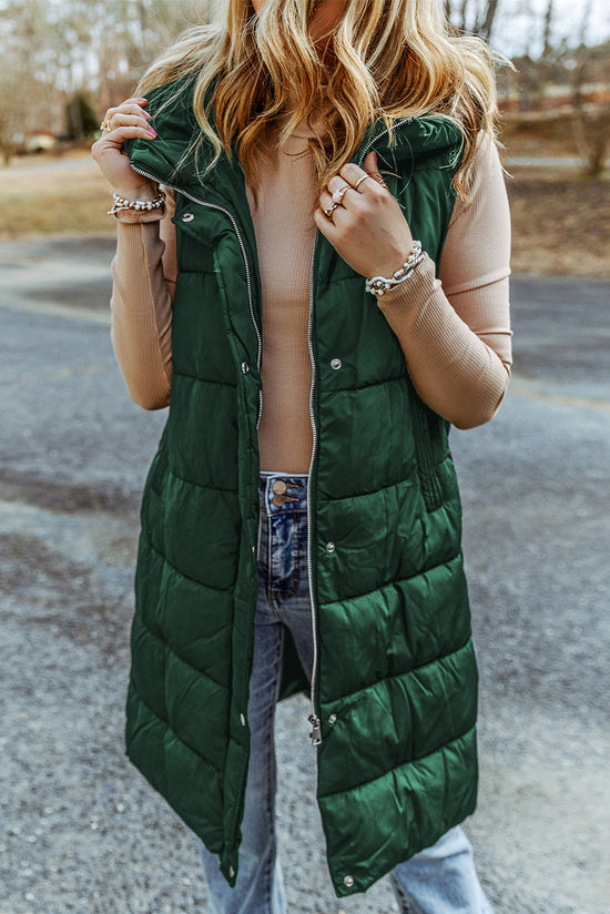 Long -hooded quilted vest coat with green hood