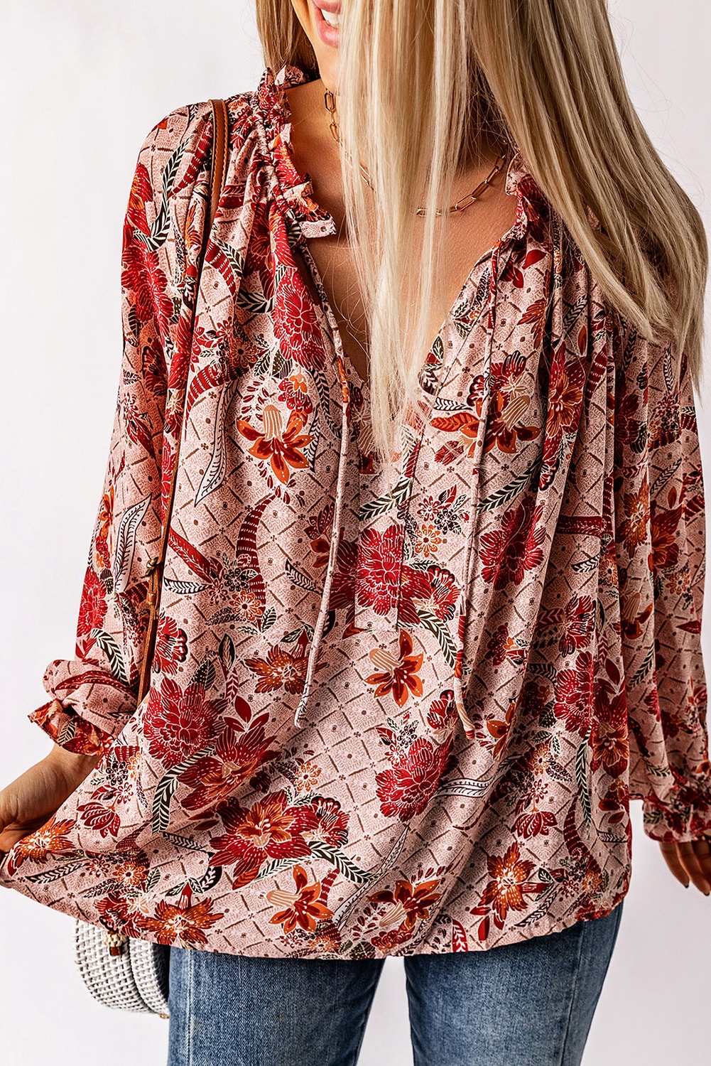 Blouse imprimée rose fendue à col en V-A WOMAN WE LOVE