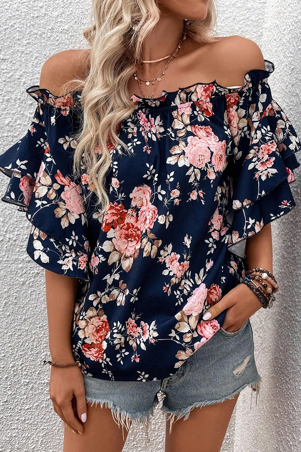 Blue Bluffle Off Blouse Floral à manches à manches