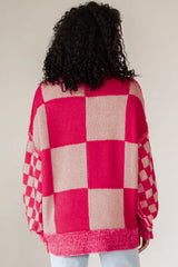 Pull ample à motif à carreaux mélangés Rose rouge, épaules tombantes