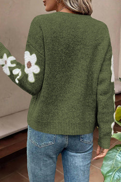 Moss green sweater with dropped shoulders and floral sleeves