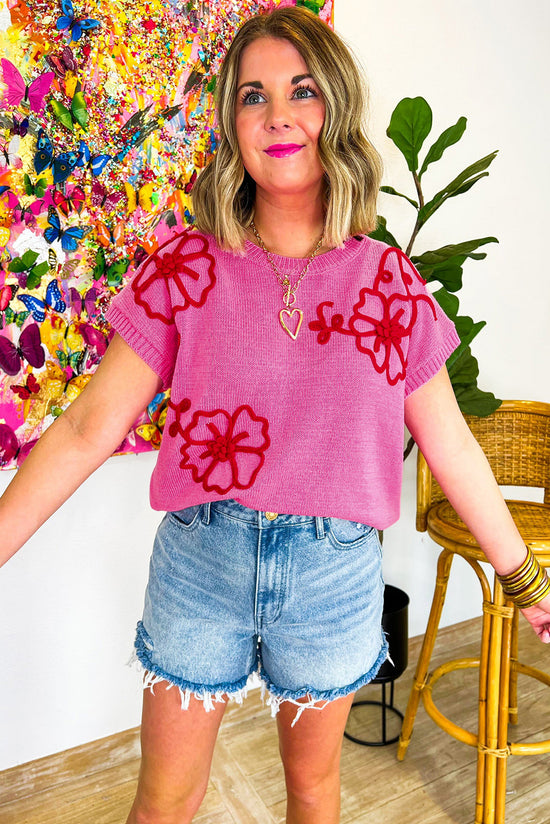 Bright Pink Corded Flower Embroidery Short Sleeve Knitwear Top-A WOMAN WE LOVE