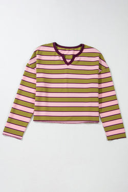 Long sleeve top with notched collar in spinach green contrast stripes and waffle texture